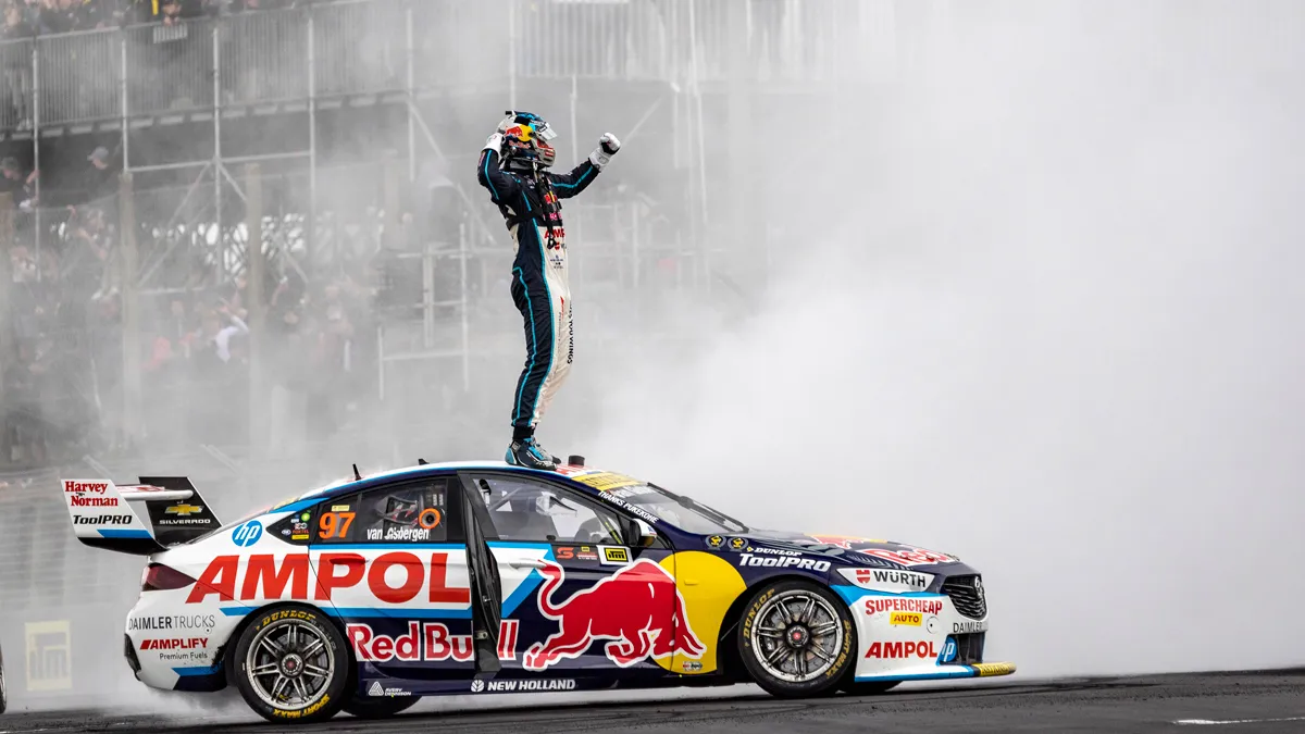 Shane van Gisbergen celebrates winning the final race at Pukekohe, a bittersweet moment
