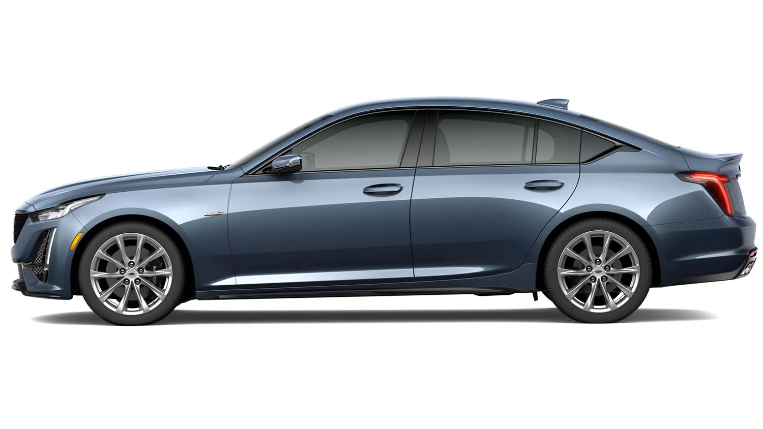 Side profile of the 2023 Cadillac CT5-V in Midnight Steel Metallic, showcasing its sleek design