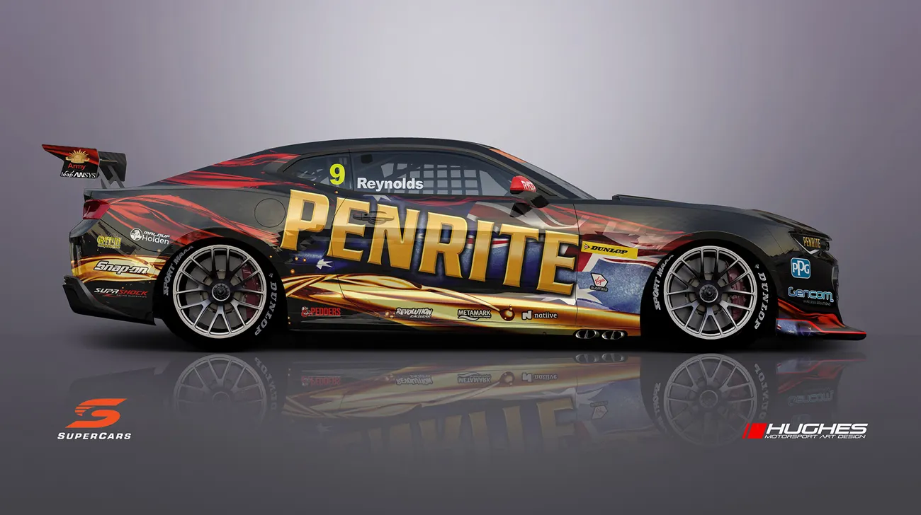 Side view of a 2022 Supercars Championship Chevrolet Camaro in racing livery