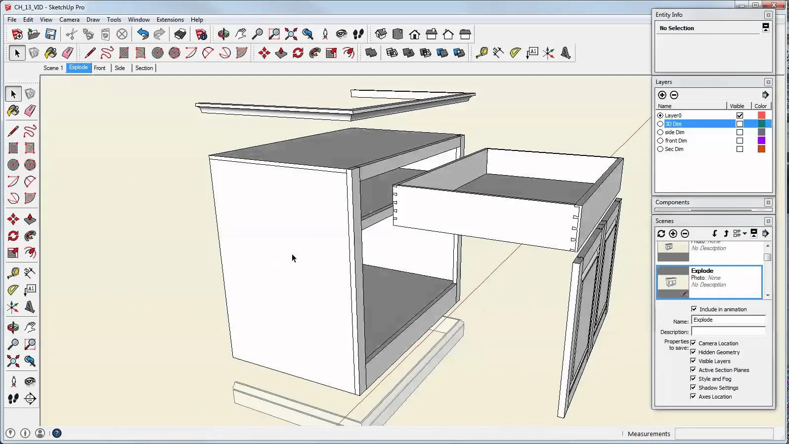 SketchUp 3D modeling interface showing a detailed woodworking project, possibly a cabinet or piece of furniture