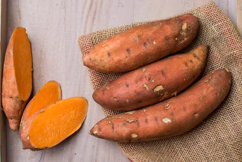 Slices of cooked sweet potatoes neatly arranged on a wooden table
