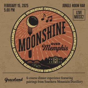 Social media graphic for "Graceland Moonshine Over Memphis Social" featuring a bottle of moonshine against a starry Memphis skyline