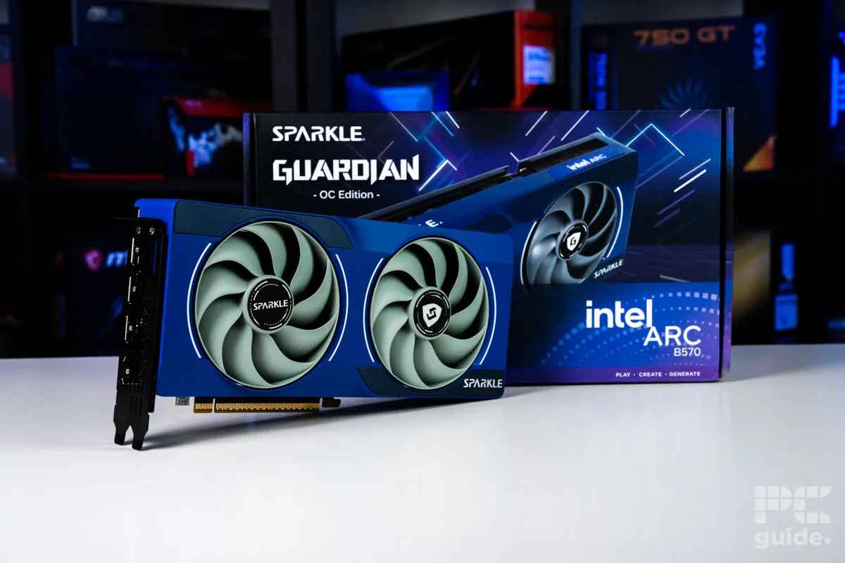 Sparkle Intel Arc B570 infront of box, Image by PC Guide