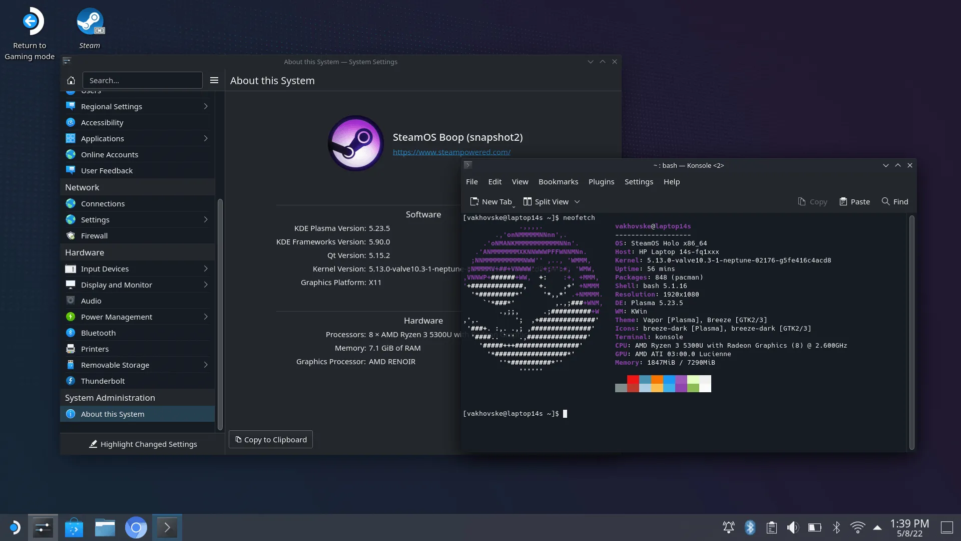 SteamOS interface showcasing game library in a console-like experience on a PC setup