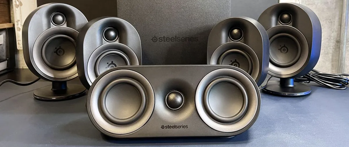 SteelSeries Arena 9 5.1 surround sound system with five satellite speakers and a subwoofer.