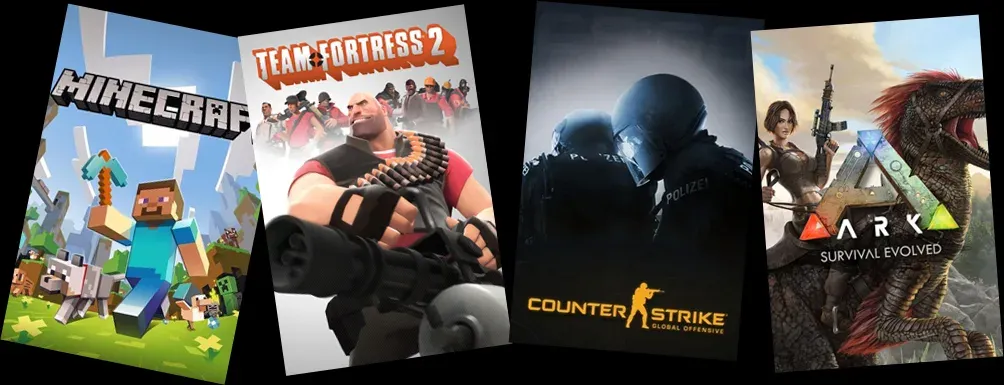 Stylized cover art for games where players can host their own servers, including Minecraft, Team Fortress 2, CS:GO, and ARK: Survival Evolved