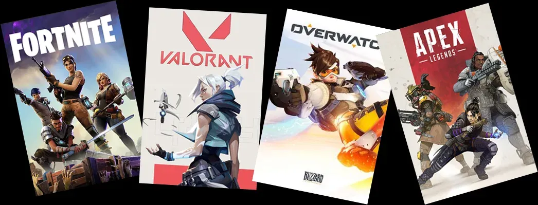 Stylized cover art for popular multiplayer games like Fortnite, Valorant, Overwatch, and Apex Legends