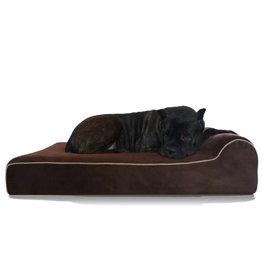 Tan Orthopedic Bully Bed for large dogs showcasing thick foam support and waterproof features