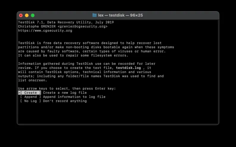 TestDisk Interface showing a command-line interface for disk operations