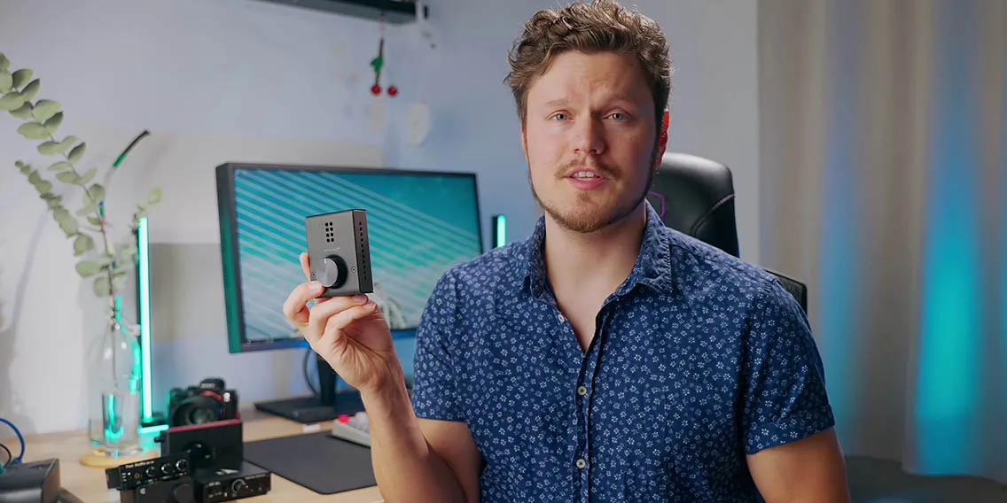 The compact Schiit Fulla 3 DAC/amp with its minimalist industrial design and large volume knob.