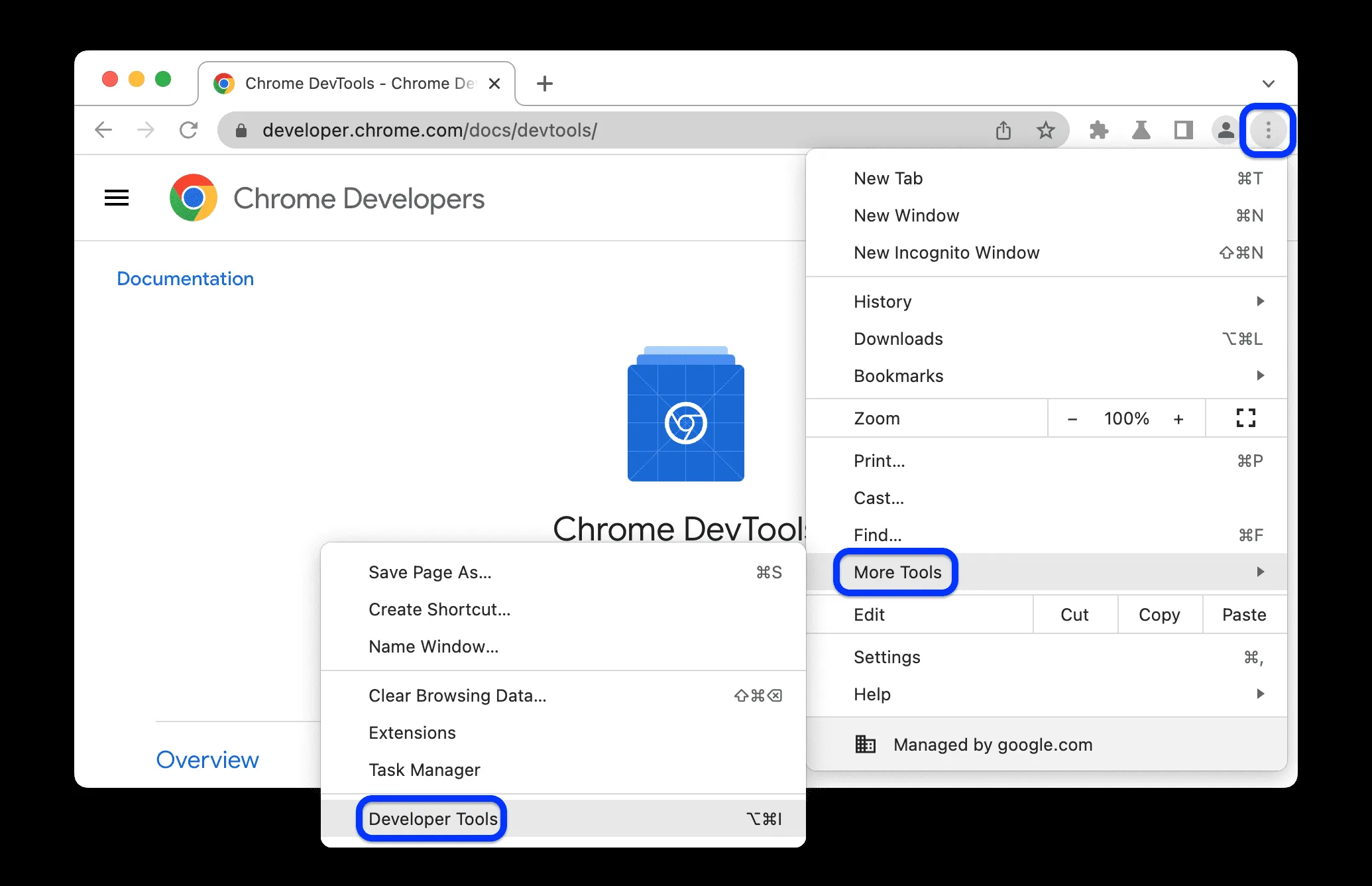 The Developer Tools option selected from the three-dot menu.