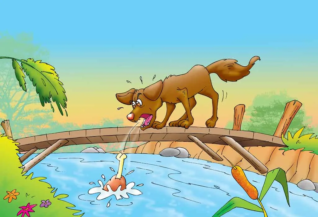 The dog realizing its reflection in the water after losing the bone