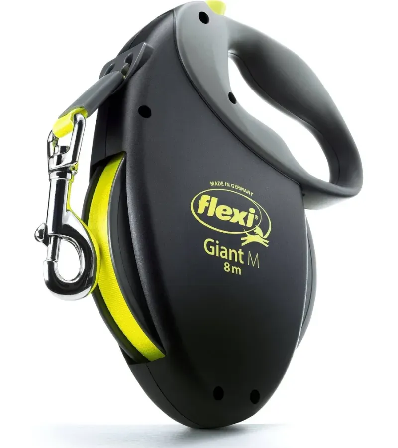 The Flexi Giant Retractable Dog Leash, noted for its extensive 26-foot reach.