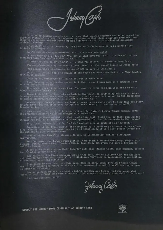 The iconic Billboard ad featuring Johnny Cash's middle finger photo, thanking country radio.