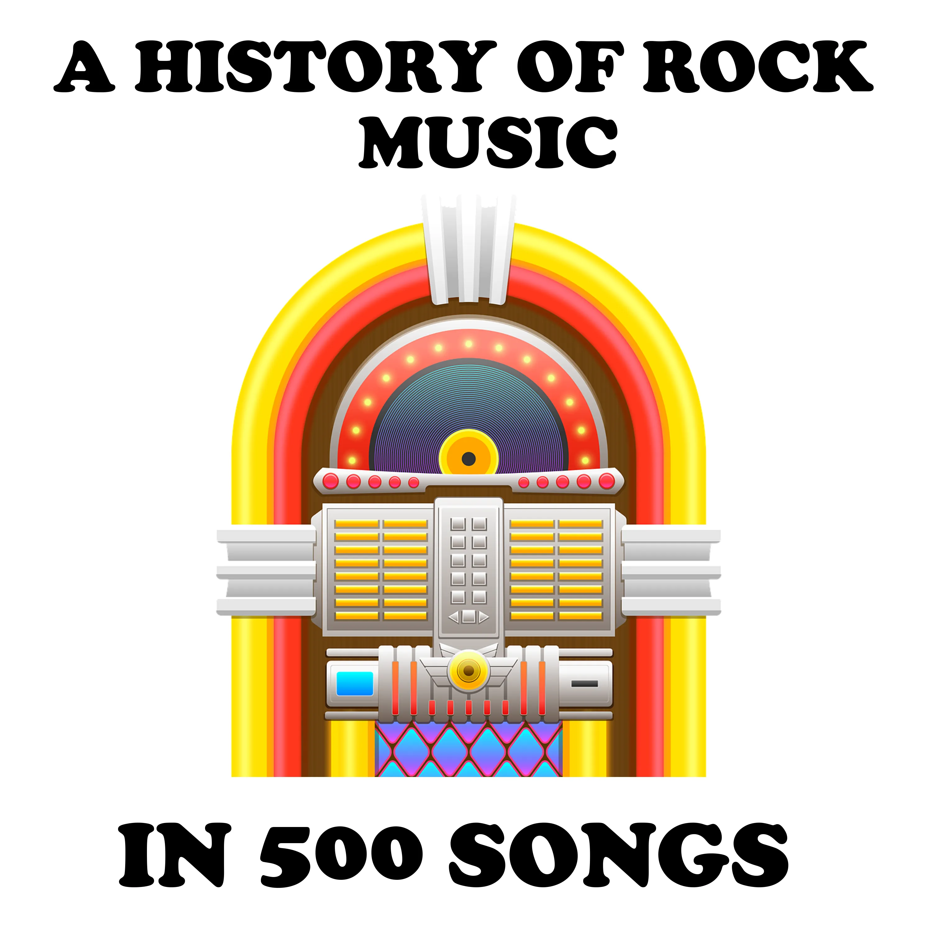 The logo for "A History of Rock Music in 500 Songs" podcast, featuring a retro jukebox design
