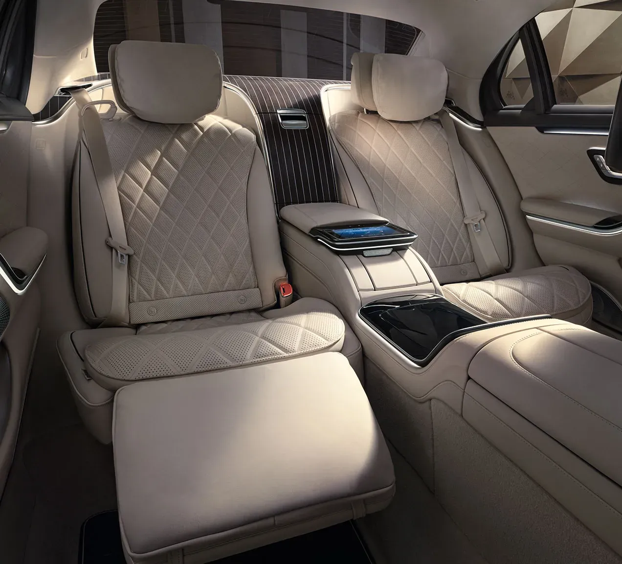 The luxurious and spacious rear cabin of the Mercedes-Benz S-Class, offering enhanced comfort options