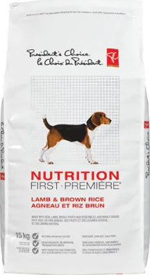 The nutritional information panel of PC Nutrition First Dry Dog Food, detailing protein, fat, and carbohydrate percentages.