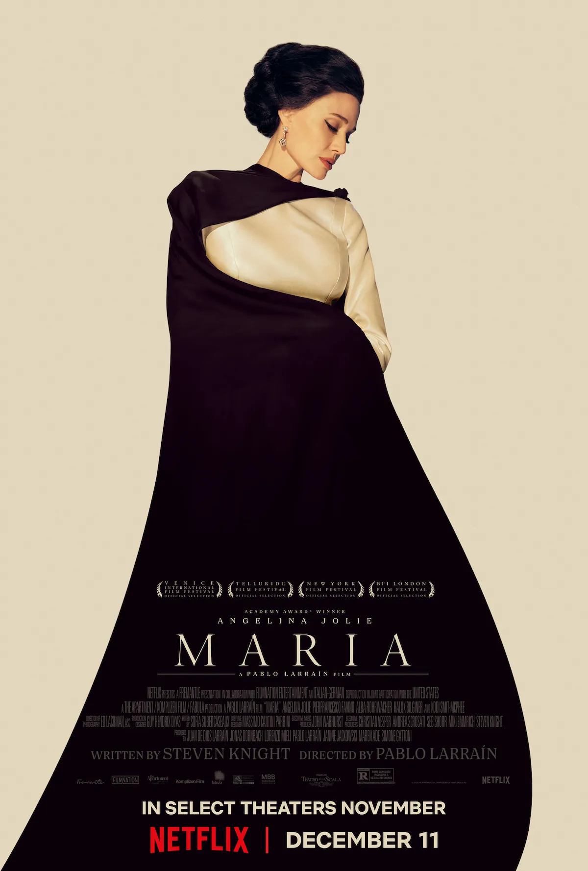 The official key art for "Maria," featuring Angelina Jolie in a contemplative pose as Maria Callas.