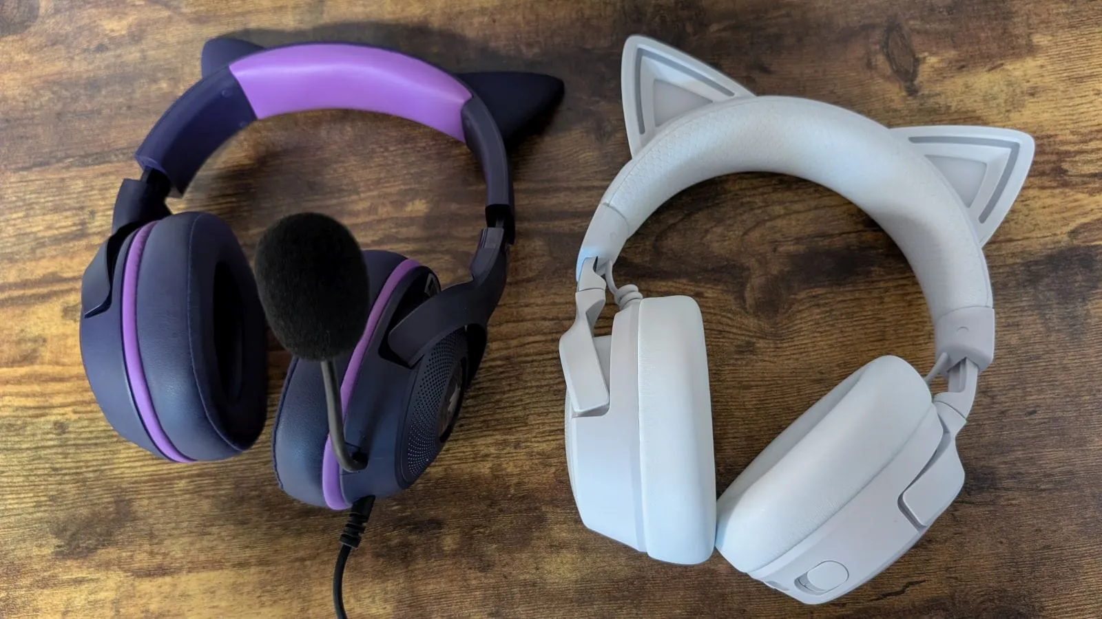 The Razer Kraken Kitty V2 USB - Gengar Edition next to the Razer Kraken Kitty V3 Pro