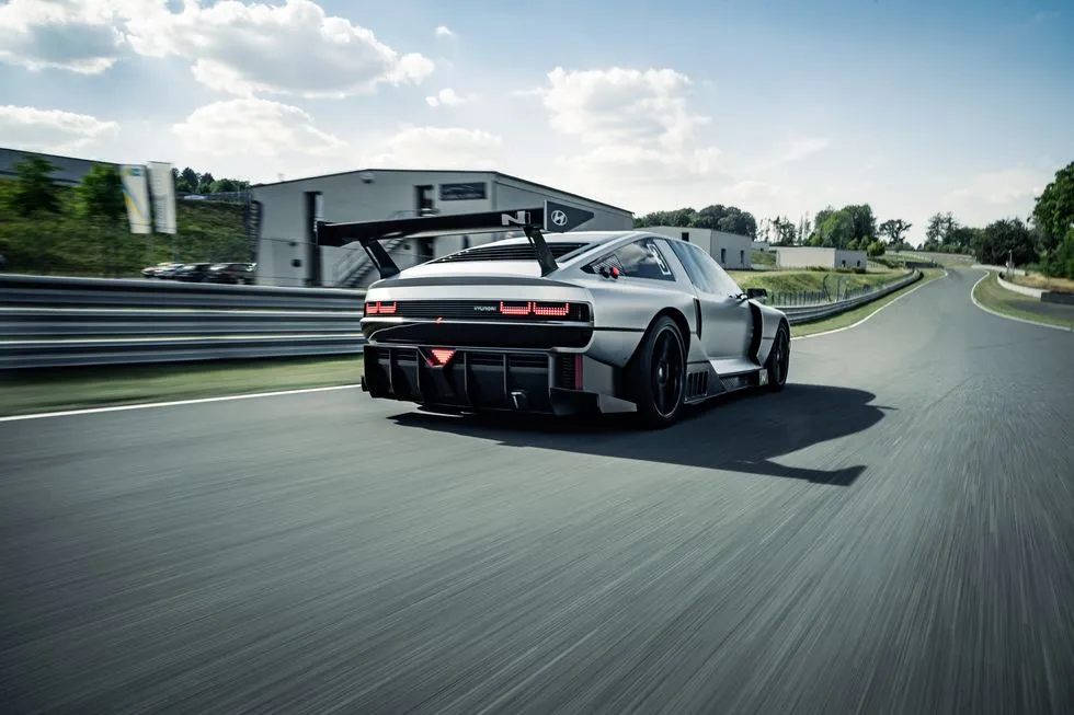 The rear of the Hyundai N Vision 74 showcasing its futuristic design and powerful stance