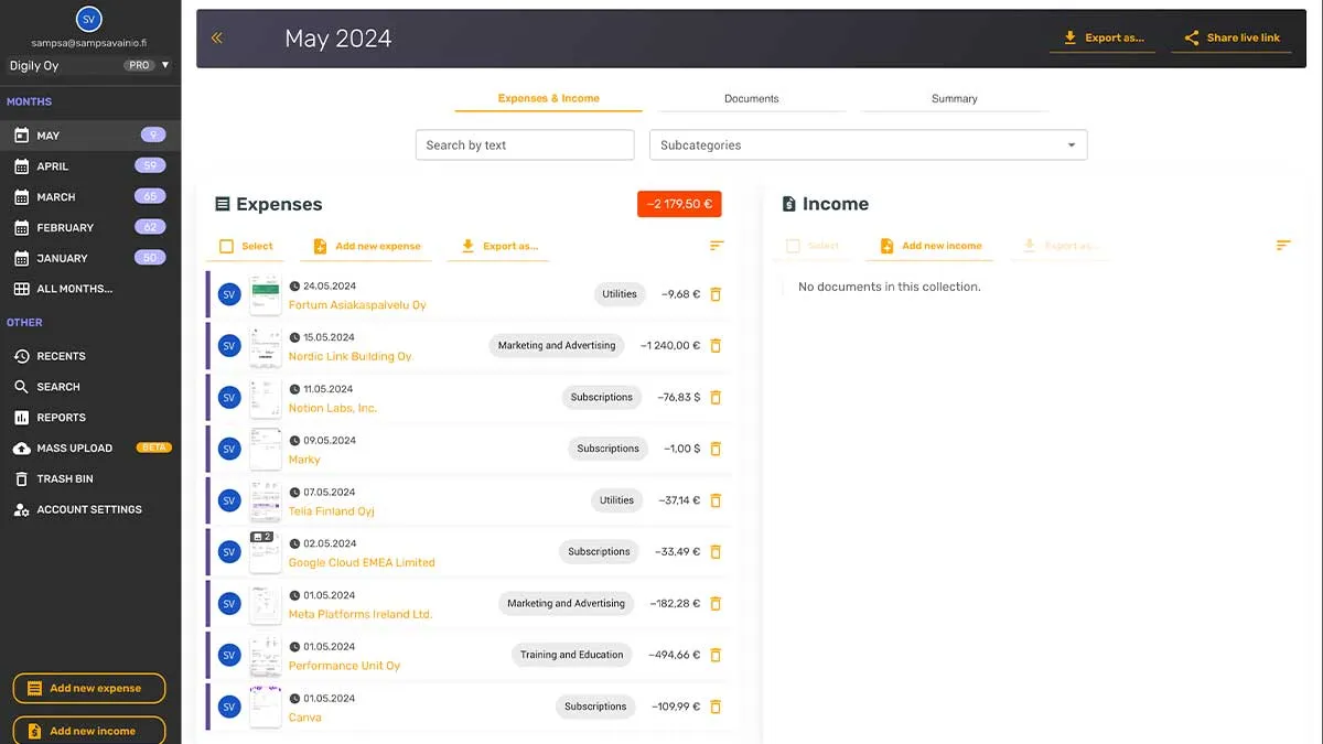 The receipts and expenses will sync automatically to our web application.