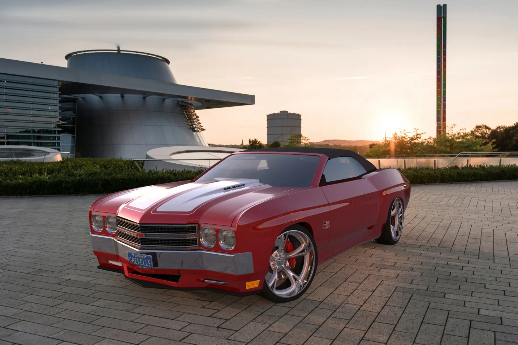 The redesigned rear profile of the 2024 70/SS, highlighting its elongated quarter panels and custom bumper in a deep red finish