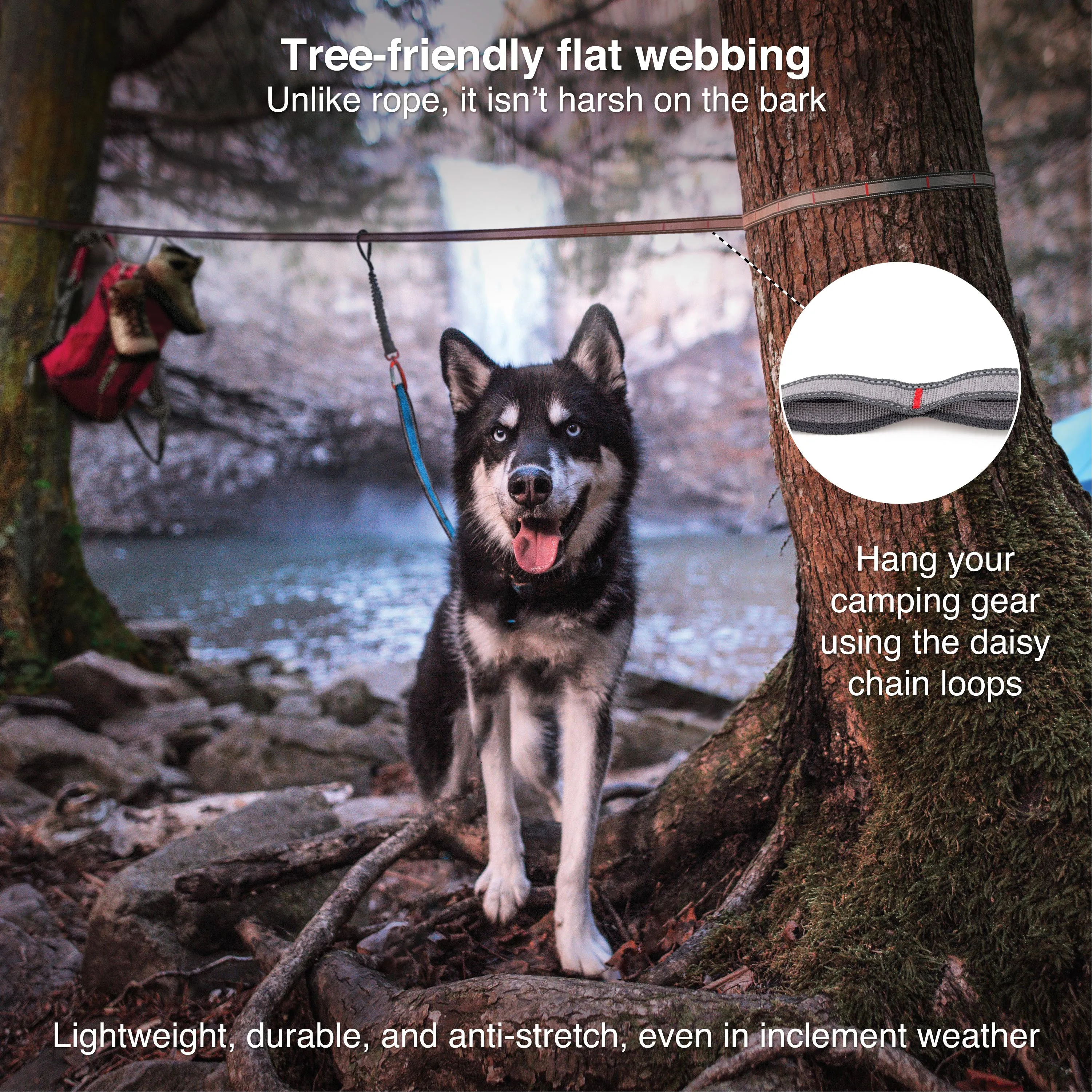 The Ridgeline Dog Tie Out System includes everything you need for a safe and enjoyable camping experience with your dog.