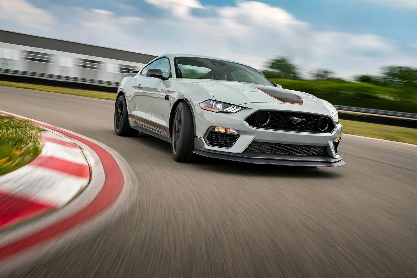 The sleek profile of the Ford Mustang Mach 1, featuring its distinctive badging and performance-oriented design.