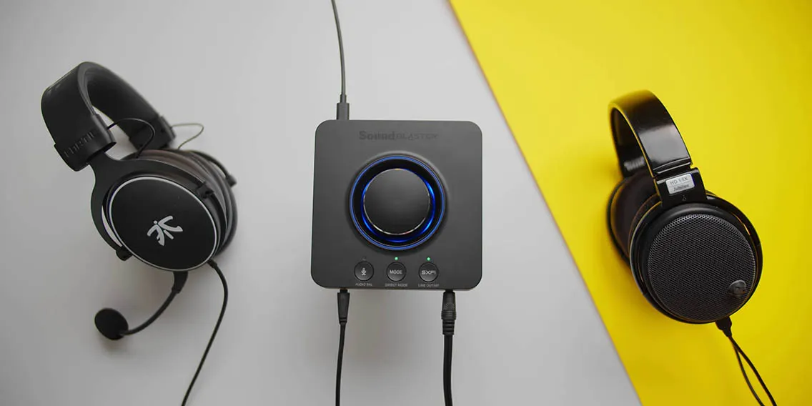 The SoundBlaster X3 external DAC/amp, featuring its prominent volume wheel and multiple control buttons.