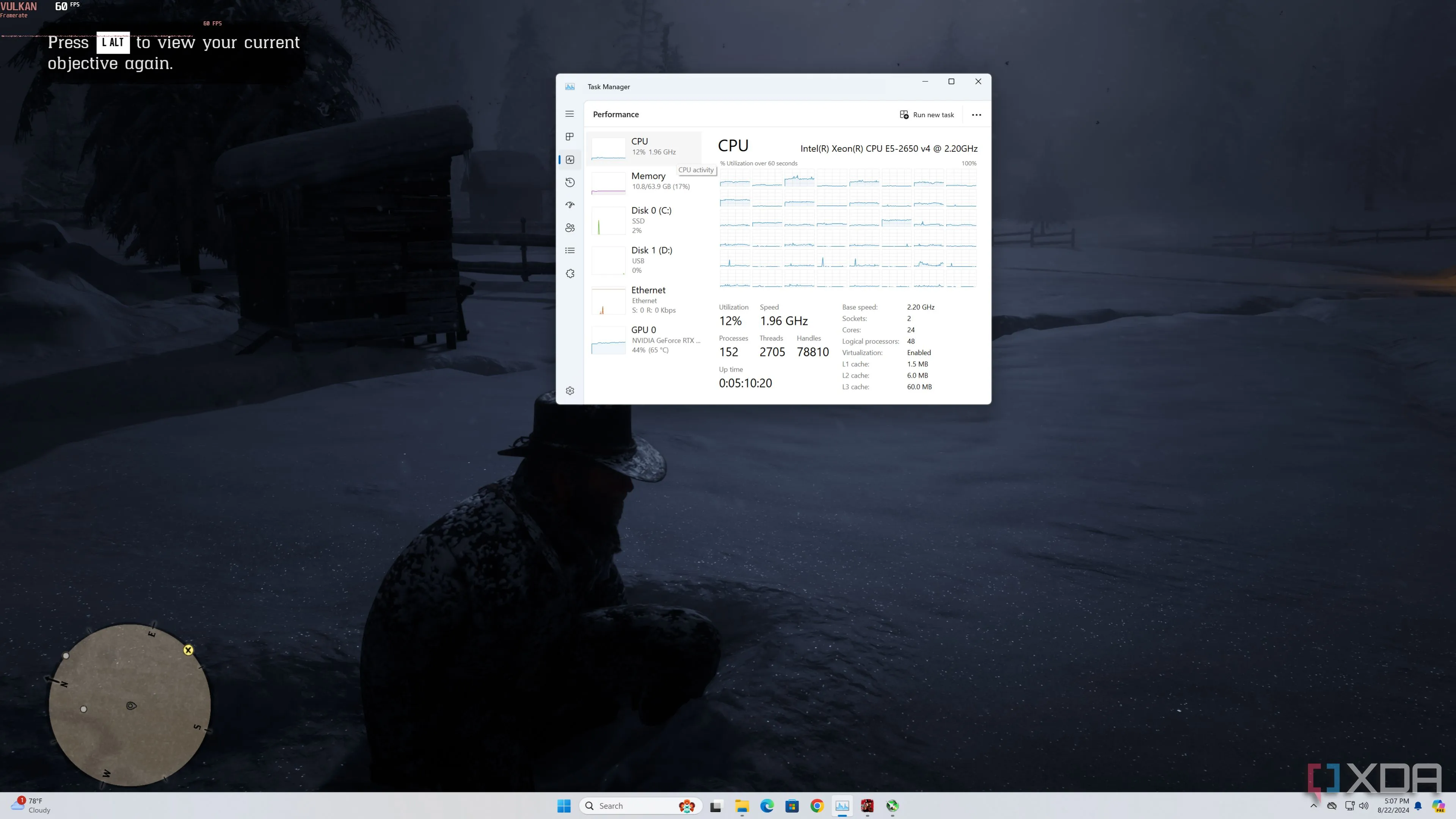 The Task Manager depicting the higher CPU utilization per core when running Red Dead Redemption 2