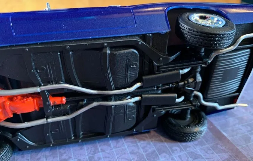 The underside of the 1972 Chevrolet Chevelle SS, revealing its exhaust system and chassis details