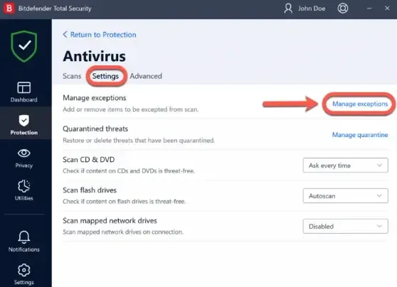 then choose Settings and select Manage Exceptions.