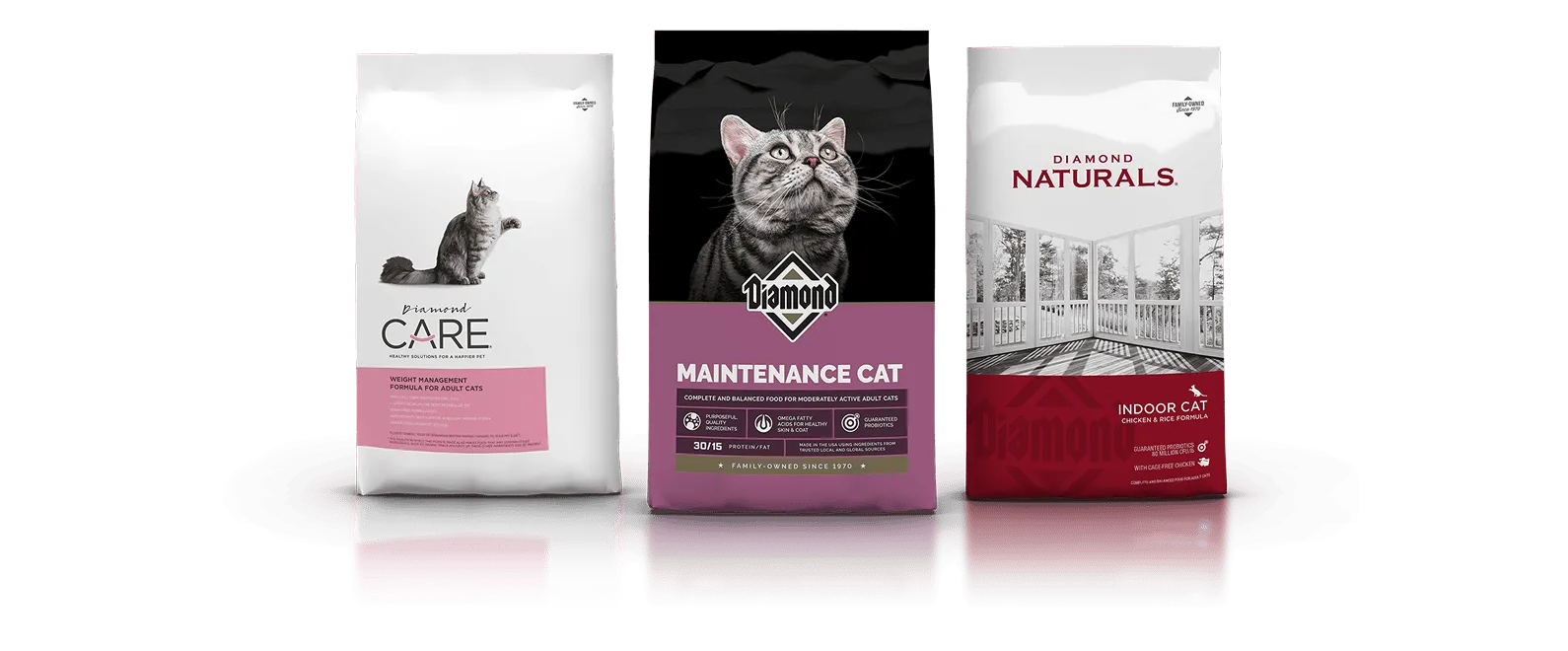Three different bags of Diamond Pet Foods cat food formulas lined up side by side.