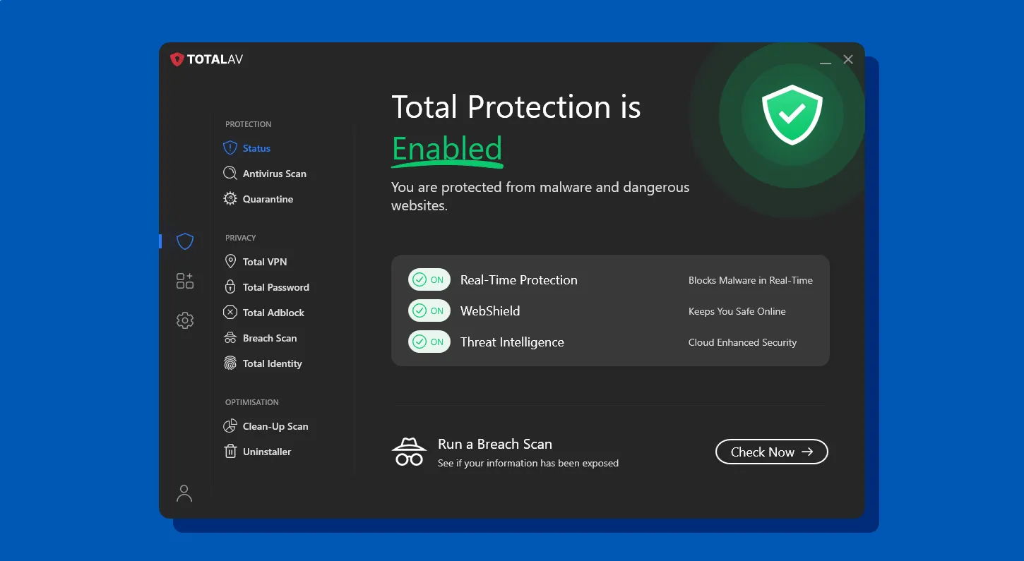 TotalAV's intuitive dashboard featuring antivirus and system optimization tools