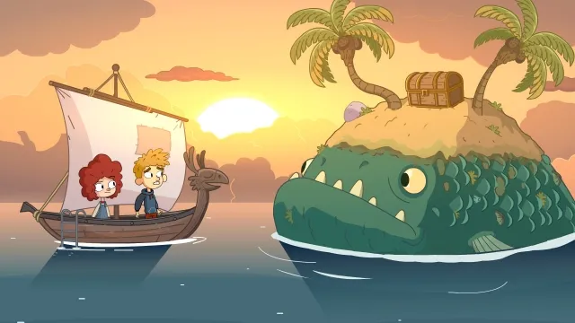 Two animated characters, a boy and a girl, interacting with a surreal, dreamlike environment in the game Lost in Play