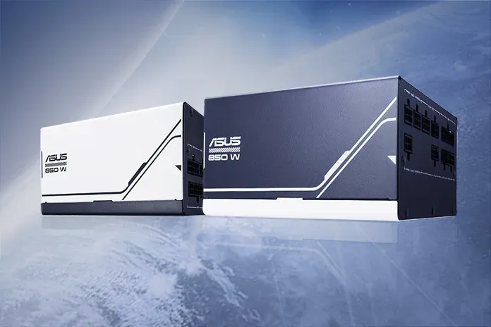 Two sleek ASUS Prime Gold Series PSUs in white, against a modern, abstract background