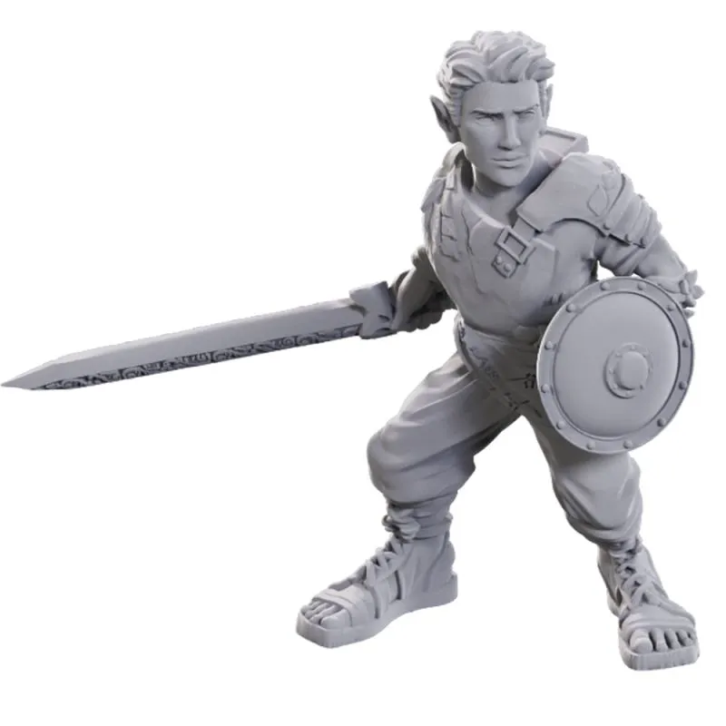 Two unpainted Critical Role gaming miniatures, Orym of the Air Ashari and Fresh Cut Grass, ready for customization