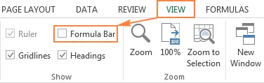 Unchecking the 'Formula Bar' option on the View tab to hide it in Excel