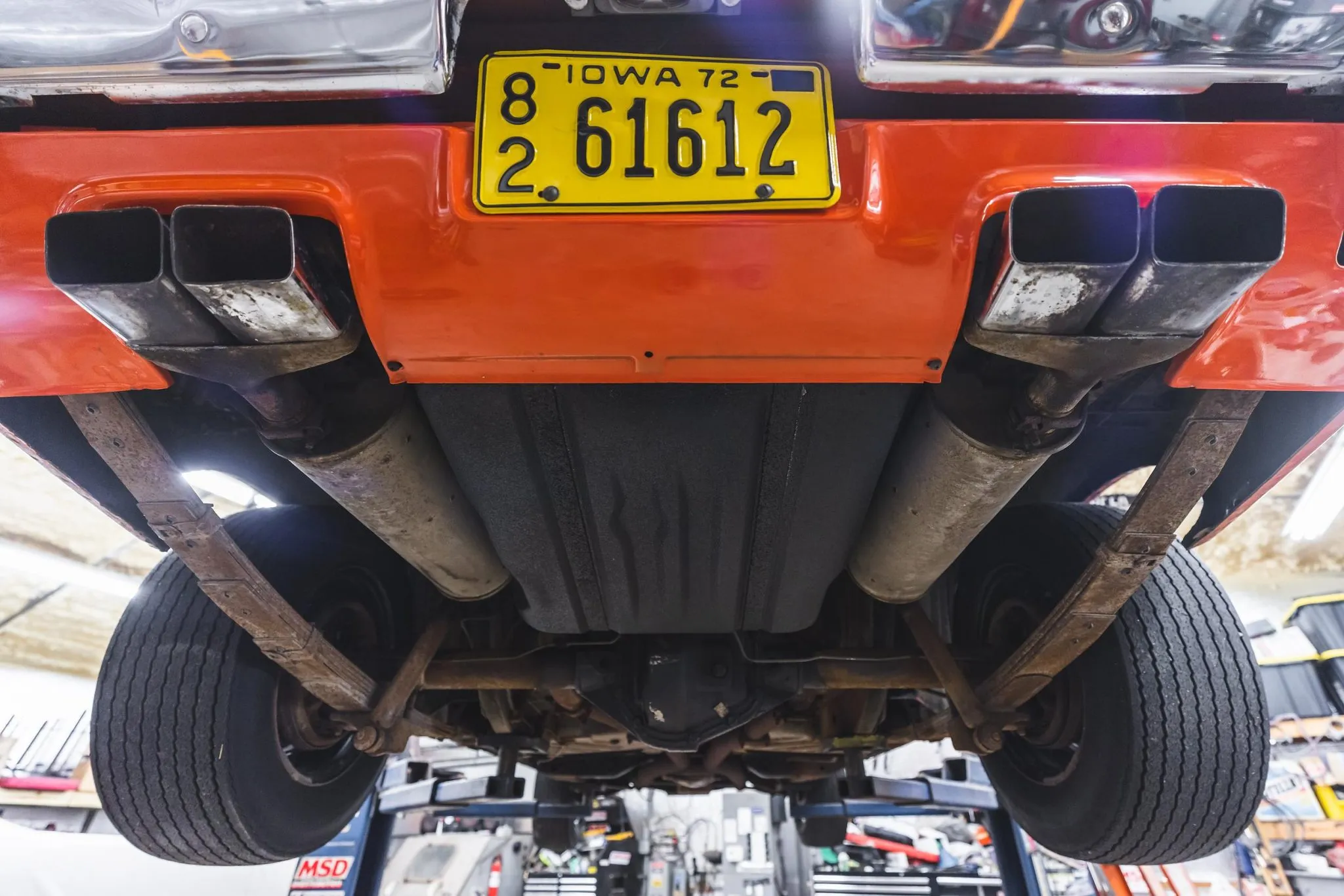 Undercarriage view of the A833 four-speed manual transmission and Dana 60 rear axle