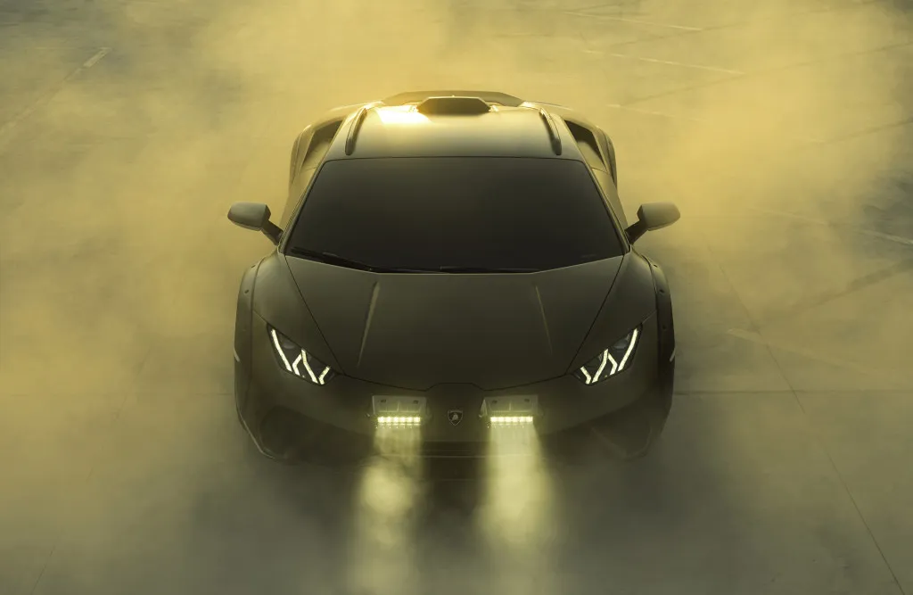 Underside view of the Lamborghini Huracán Sterrato, revealing its modest underbody protection and rally-inspired components.