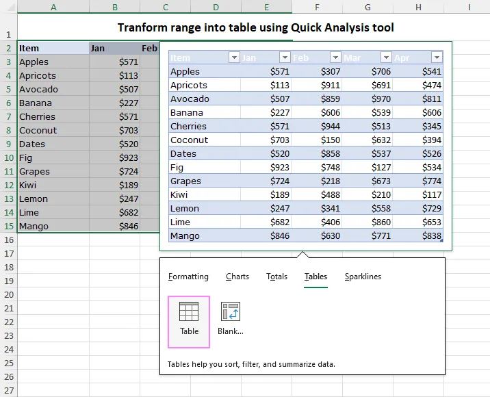 Using Quick Analysis to convert a range into an Excel table.