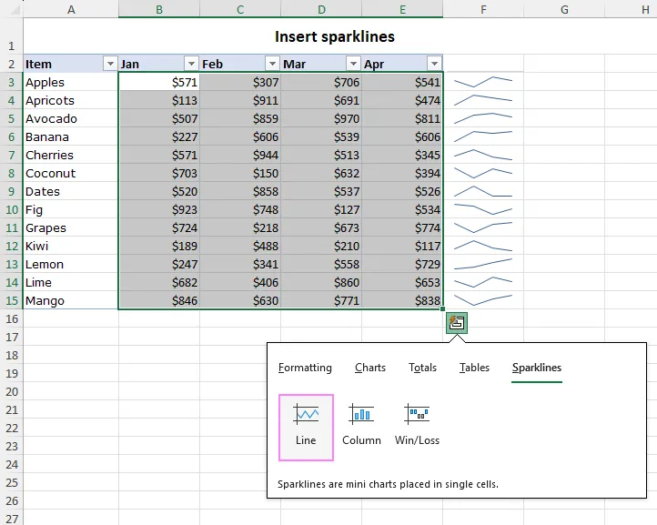 Using Quick Analysis to insert Sparklines into cells