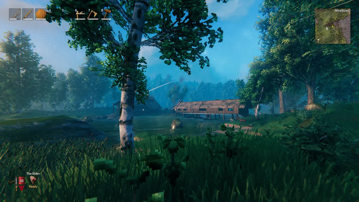 Valheim village with chromatic aberration on