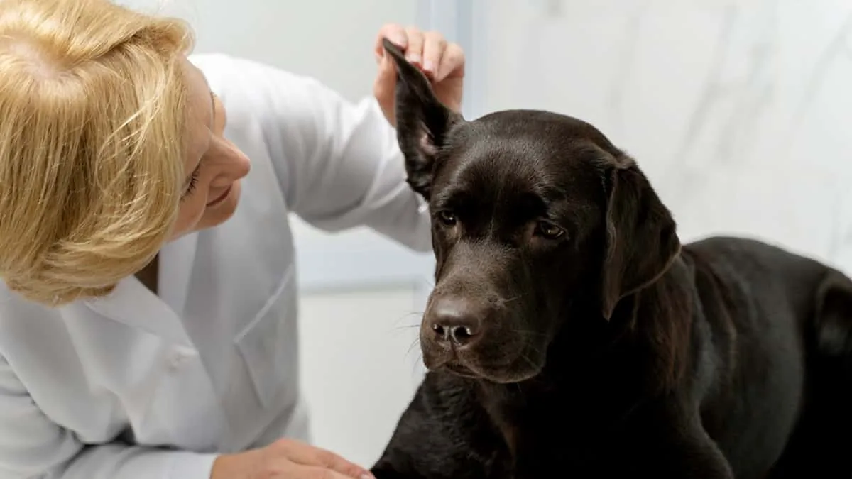 Vet inspecting dog