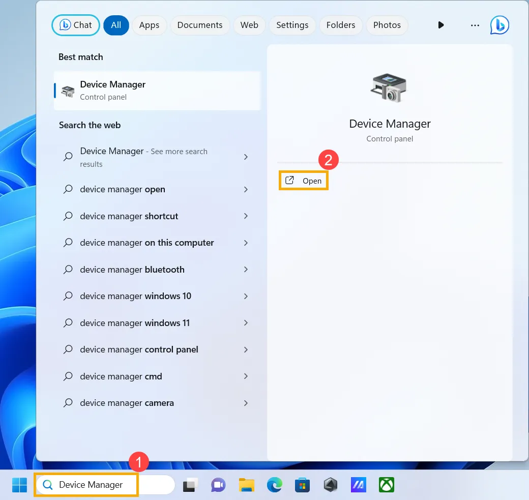 Windows search bar with "Device Manager" typed in and "Open" highlighted