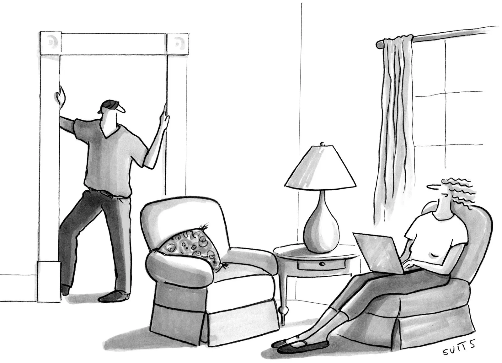 Woman in living room vocalizes attraction to husband standing in doorway