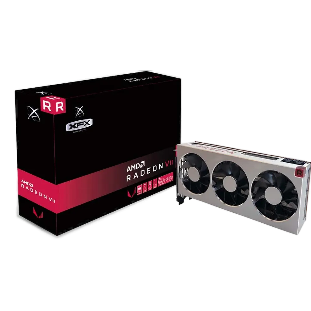 XFX AMD Radeon VII graphics card with a silver and black design and three cooling fans