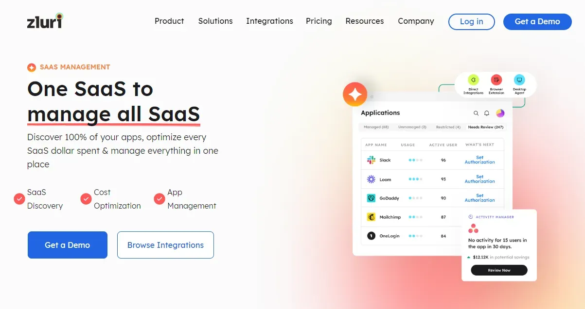 Zluri dashboard displaying an overview of SaaS applications and their usage