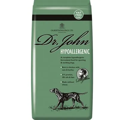 A bowl of Dr John Hypoallergenic Chicken with Oats dog food.