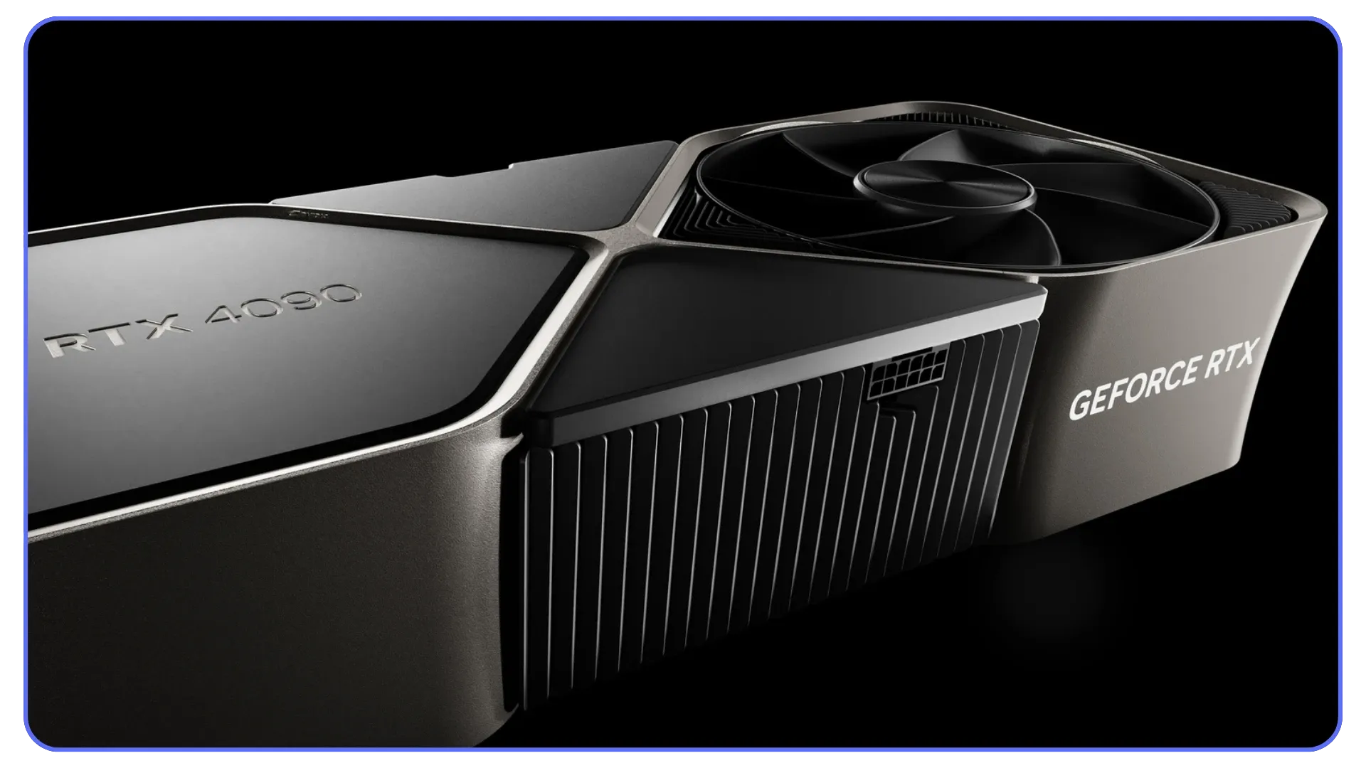 A close angled shot of the Nvidia RTX 4080 graphics card with its large cooling fan.